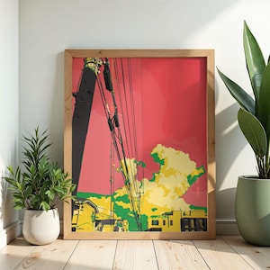 Peut inclure: Une impression d'art encadrée représentant un paysage urbain abstrait aux couleurs vives. L'œuvre présente un ciel rouge, des nuages jaunes et verts et des bâtiments. Le cadre en bois complète l'œuvre, créant une esthétique moderne.