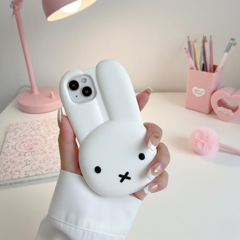 May include: White phone case featuring a bunny design with black eyes and a cross-shaped mouth. The case has a 3D effect with the bunny's ears and face extending from the phone. The case is held in a hand.
