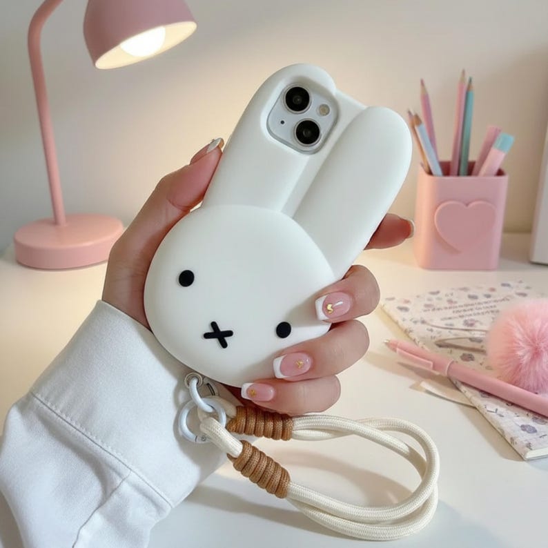 May include: White phone case featuring a 3D bunny design with black eyes and a cross-shaped mouth. The case has a wrist strap with a white cord and brown accents. The phone case is held in a hand.