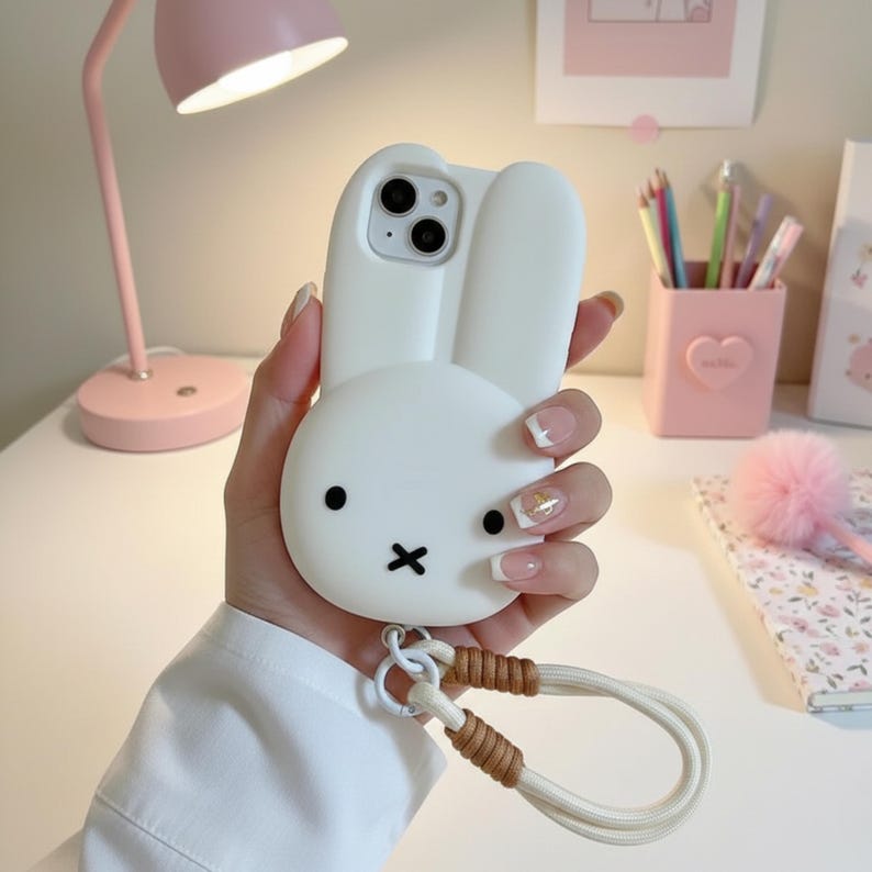 May include: A white phone case shaped like a bunny with black eyes and a black 'X' mouth. The case has a strap with a brown and white cord. The phone case is held in front of a pink desk lamp and other desk accessories.