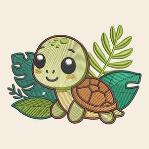 Può includere: Ricamo di una tartaruga sorridente dei cartoni animati con un guscio marrone, testa e arti verdi e grandi occhi neri. La tartaruga è circondata da foglie tropicali verdi. Il disegno è su sfondo color crema.