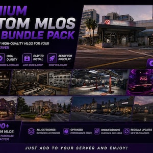 Peut inclure: Image promotionnelle pour un pack méga bundle MLOS personnalisé pour les serveurs de jeux de rôle FiveM. L'image présente divers lieux en jeu, dont un hôpital, des intérieurs et des extérieurs. Le texte comprend "Premium Custom MLOS Mega Bundle Pack" et "1000+ Custom MLOS."