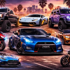 Peut inclure: Plusieurs véhicules, dont des voitures et des motos, sont présentés sur une route. Les véhicules sont de différentes couleurs, comme le bleu, l'orange et le violet. L'arrière-plan présente des palmiers et une ligne d'horizon urbaine.