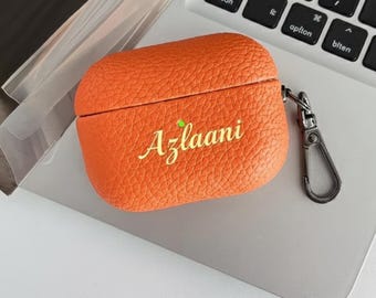 Custodia per AirPods personalizzata in pelle Lychee, cover con iniziale monogrammata in oro, portachiavi incluso