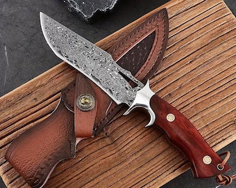 Coltello da campeggio artigianale in acciaio Damasco - Manico ergonomico in legno