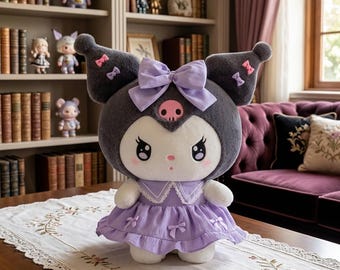 Peluche Sanrio Kuromi con vestito viola, carino, kawaii, bambola di peluche anime / Peluche morbido, regalo per il compleanno della fidanzata / Peluche stile Melody