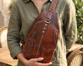 Full Grain Leather Sling Bag – Vintage Crossbody Backpack, Unisex Travel Shoulder Bag