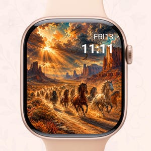 Könnte beinhalten: Eine Smartwatch mit hellrosa Armband und digitalem Display, das die Uhrzeit 11:11 und das Datum FRI13 anzeigt. Der Bildschirm zeigt eine lebendige Landschaftsillustration einer Pferdeherde, die bei Sonnenuntergang durch einen Wüstencanyon läuft.