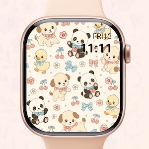 May include: A rose gold smartwatch displays a whimsical pattern of cartoon puppies, pandas, and ducks on a cream background. The watch face includes pink flowers, cherries, and bows. The time is 11:11 on Friday.