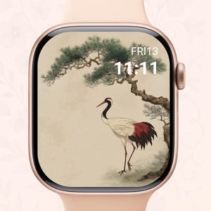 Japanese Crane Pine Tree Apple Watch Wallpaper, Vintage Oriental Art Face (Digital Download)