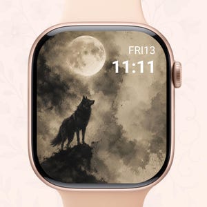 May include: A smartwatch with a screen displaying a black wolf howling at the moon. The background is a sepia-toned sky with a full moon. The time is 11:11 and the date is Fri13.