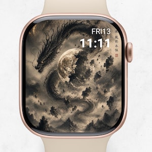 May include: A smartwatch with a gold case and a beige band displays a digital watch face. The watch face features a detailed illustration of a dragon, a full moon, and floating rock formations in shades of gray and brown. The time is 11:11.
