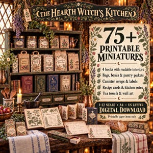 Pode incluir: Um conjunto digital de mais de 75 miniaturas imprimíveis em escala 1:12, incluindo uma placa com o texto The Hearth Witch's Kitchen, pacotes de despensa, etiquetas, cartões de receitas e livros em formatos A4 e US Letter.