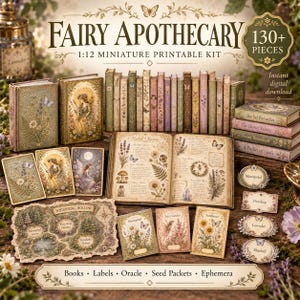 May include: A 1:12 miniature printable kit titled Fairy Apothecary featuring 130+ pieces including small books, oracle cards, seed packets, and labels. The items display botanical illustrations, fairies, and text like Whispering Hollow.