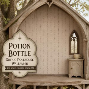 May include: A digital download of 1:12 scale gothic dollhouse wallpaper featuring a beige background with vertical rows of small dark symbols. A decorative sign displays the text Potion Bottle Gothic Dollhouse Wallpaper 1:12 Scale Digital Download.