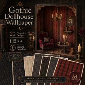 Op de afbeelding: Een set van 20 printbare gotische poppenhuisbehangontwerpen op schaal 1:12 op A4-vellen. De afbeelding toont tekst waaronder Gothic Dollhouse Wallpaper, 20 Printable Designs, 1:12 Scale, Instant Download en Print, Cut, Decorate.