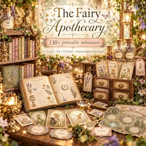 Op de afbeelding: Een verzameling printbare miniatuur apothekersartikelen getiteld The Fairy Apothecary, met 130+ items, 1:12 schaal, A4 en US Letter formaten. Bevat een open boek met kruidenrecepten, glazen potjes, labels en kaarten met feeënillustraties.