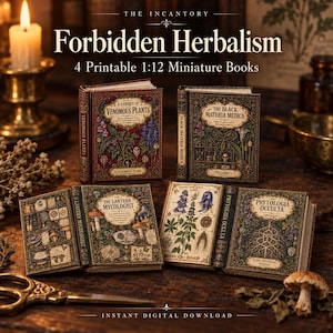 Może przedstawiać: Cztery miniaturowe książki zatytułowane The Incantory Forbidden Herbalism, ze szczegółowymi okładkami z ilustracjami botanicznymi, czaszkami i tekstami takimi jak A Cabinet of Venomous Plants, The Black Materia Medica, The Lantern Mycologist i Phytologia Occulta.