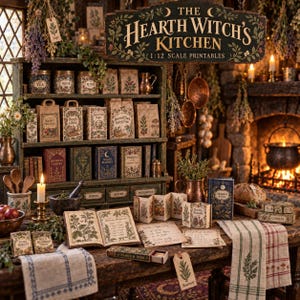 May include: A 1:12 scale miniature set titled The Hearth Witch's Kitchen, featuring printed paper goods, small books, and labels. The collection includes tiny food bags, recipe books, and decorative textiles with botanical illustrations on a wooden table.
