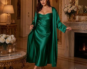 Plus Size Satin Nightgown & Robe Set – Silky Bridal Sleepwear, Elegant Lounge Dress XL–5XL