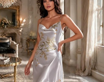 Romantic Satin Nightgown Elegant V-Neck Chemise, Lightweight Women’s Sleepwear