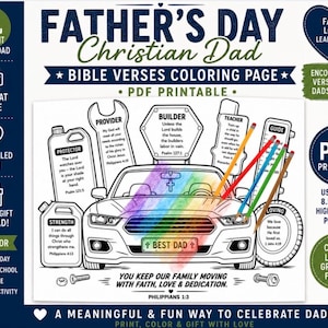 May include: A Father's Day Christian Dad Bible verses coloring page PDF printable featuring a car illustration with rainbow coloring, surrounded by tools and text labels like Builder, Provider, and Best Dad, measuring 8.5 inches by 11 inches.