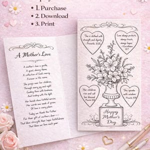 Puede incluir: Descarga digital para el Día de la Madre. La imagen presenta una tarjeta de felicitación con un arreglo floral y el texto "Happy Mother's Day". La tarjeta también incluye citas inspiradoras y el texto "A Mother's Love."