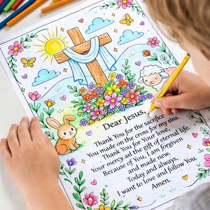 May include: A child coloring a religious-themed coloring page with a cross, flowers, and a bunny. The page includes the text "Dear Jesus" and a prayer. Colored pencils are scattered around the page.