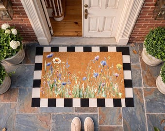 Wildflowers Pattern  Mat, Colorful Spring Season Coir Doormat, Cottage Core Home Entrance Decor, Boho Floral Housewarming Gift
