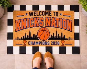 New York Basketball Doormat, Orange Blue Sports Fan Welcome Mat, Champions 2026 Front Door Rug, Basketball Fan Gift, Game Day Porch Decor