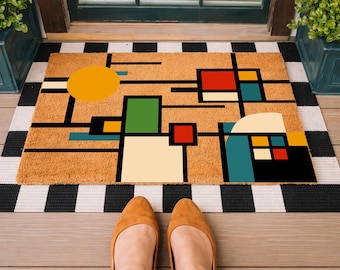 Colorful Entryway Decor - Must-Have Mid Century Modern Doormat - Stylish Mid Century Modern Coir Door Mat - Abstract Squares Doormat Rug