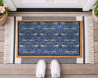 William Morris Style Bird Doormat, Blue Floral Welcome Mat, Vintage Botanical Coir Door Mat, Arts and Crafts Entryway Rug