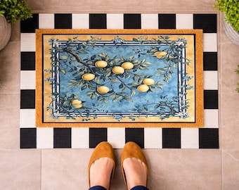 Lemon Tree Doormat, William Morris Citrus Welcome Mat, Blue Mediterranean Porch Rug, Italian Coastal Entryway Decor, Summer Front Door Mat