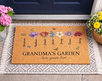Personalized Grandmas Garden Rubber Doormat, Love Grows Here Doormat Grandma, Grandkids Birth Month Flowers Gift, Mother's Day Gift 2026