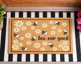 Bee Our Guest Doormat, Daisy Bee Welcome Mat, Spring Summer Floral Coir Doormat, Farmhouse Front Door Mat, Housewarming Gift