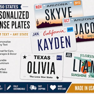 May include: A collection of personalized license plates featuring names and state designs. The plates showcase names like "Skye," "Jacob," "Kayden," "Olivia," and "Liam." The plates are made of durable aluminum and are customizable.