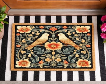 William Morris Inspired Bird Doormat, Vintage Floral Welcome Mat, Botanical Coir Door Mat, Cottagecore Entry Rug, Victorian Bird Porch Decor