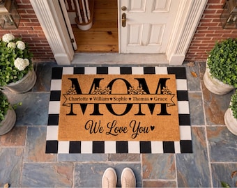 Personalized Mom Doormat, Custom Kids Names Door Mat, Mother’s Day Gift, We Love You Mom Mat, Family Name Welcome Mat, Grandma Porch Decor