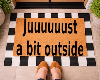 Doormat with Bob Uecker Quote: Just a Bit Outside, Juuuuuust a Bit Outside Welcome Mat, Sports Fan Front Porch Rug, Game Day Door Mat