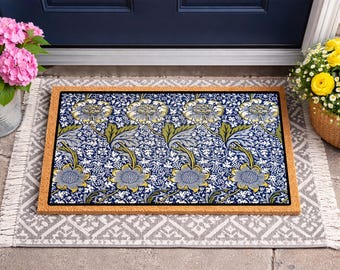 William Morris Style Floral Doormat, Vintage Botanical Coir Welcome Mat, Cottage core Entryway Rug, Antique Floral Door Mat