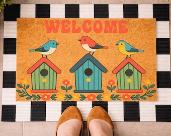 Spring Birdhouse Welcome Doormat, Colorful Bird Lover Coir Mat, Floral Front Door Rug, Cottage core Porch Decor, Garden Housewarming Gift
