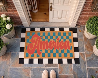 Patriotic America Doormat, 4th of July Front Door Mat, USA Welcome Mat, Checkerboard Coir Doormat, Summer Porch Decor, Americana Rug