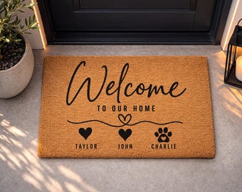 Custom Family & Pet Name Welcome Mat | Custom Names Doormat | Welcome Mat | Housewarming Gift | Pet Lover Gift | New Home Closing Gift