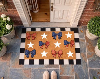 Patriotic Bow Doormat, 4th of July Coir Door Mat, Stars and Stripes Welcome Mat, Americana Porch Decor, Summer Front Door Rug