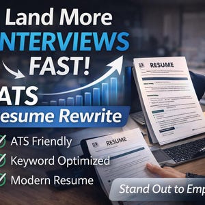 May include: Image promoting resume services. Text reads "Land More Interviews FAST! ATS Resume Rewrite." Includes a bar graph and checkmarks for ATS-friendly, keyword-optimized, and modern resumes. Two resumes are visible, and two people are shaking hands.