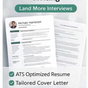 May include: Image promoting professional resume writing services. The text reads "Professional Resume Writing" and "Land More Interviews." A resume sample is shown with the name "Michael Hamilton." Additional text highlights ATS optimization, cover letters, human and AI expertise, and 24-48hr delivery.