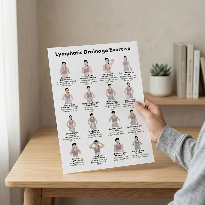 May include: A white printed sheet titled "Lymphatic Drainage Exercise" with illustrations demonstrating various exercises. The sheet is held by a person. The exercises include neck, collarbone, and arm strokes, and abdominal and hip compressions.