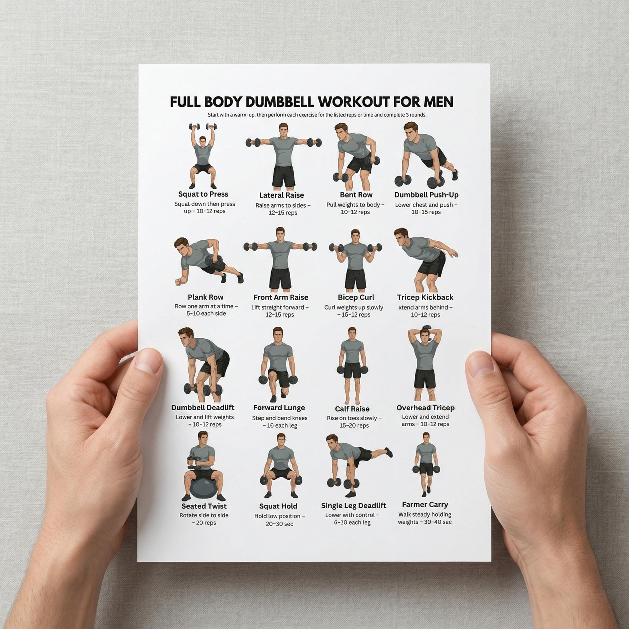 Full Body Dumbbell Workout for Men Printable PDF, Home Strength ...