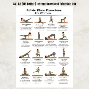 May include: A printable PDF chart titled Pelvic Floor Exercises For Woman, featuring sixteen illustrations of a person in grey athletic wear performing various fitness movements on a mat, with descriptive text for each exercise included below.