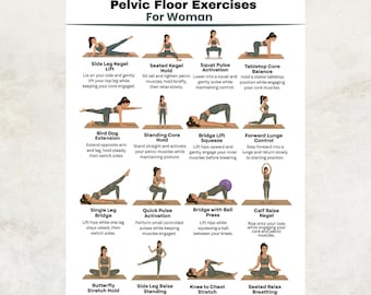 May include: A printable PDF chart titled Pelvic Floor Exercises For Woman, featuring sixteen illustrations of a person in grey athletic wear performing various fitness movements on a mat, with descriptive text for each exercise included below.